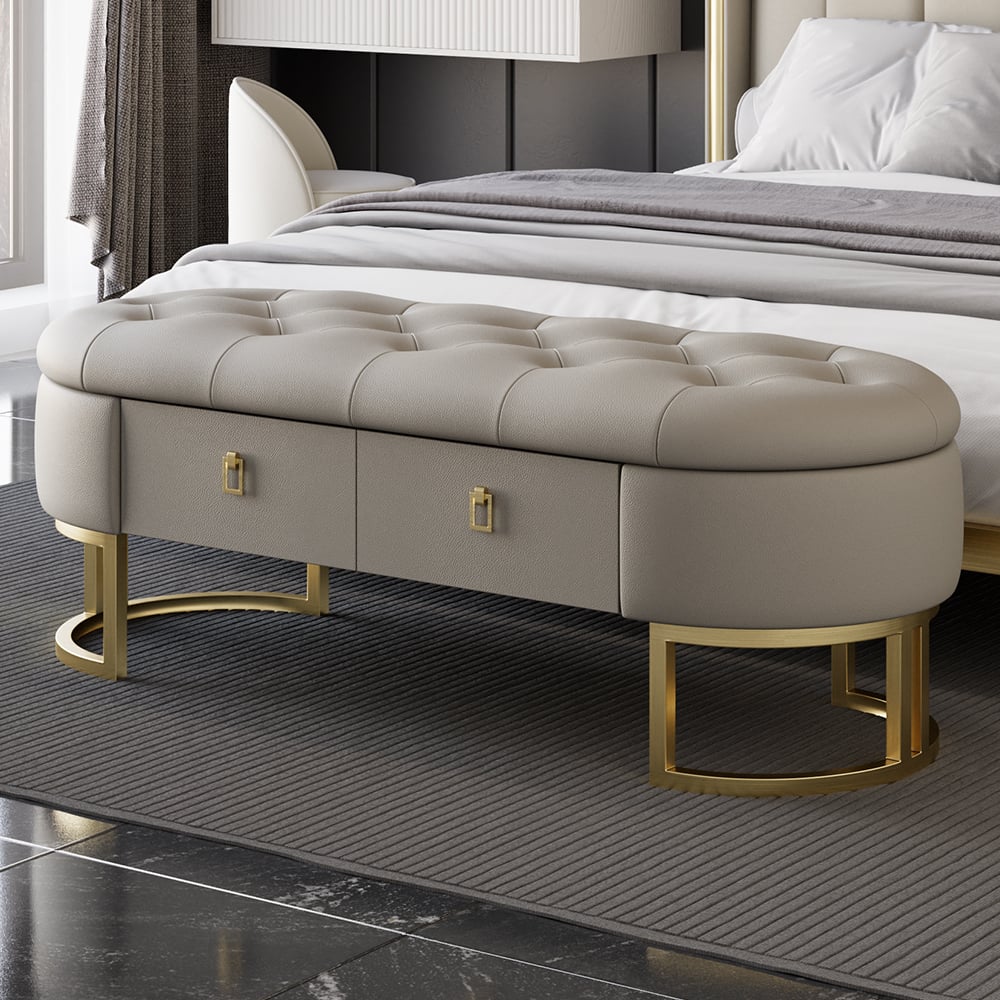 Questions and Answers for Modern Gray Bedroom Storage Tufted Bench with 2 Drawers in Leather Upholstery