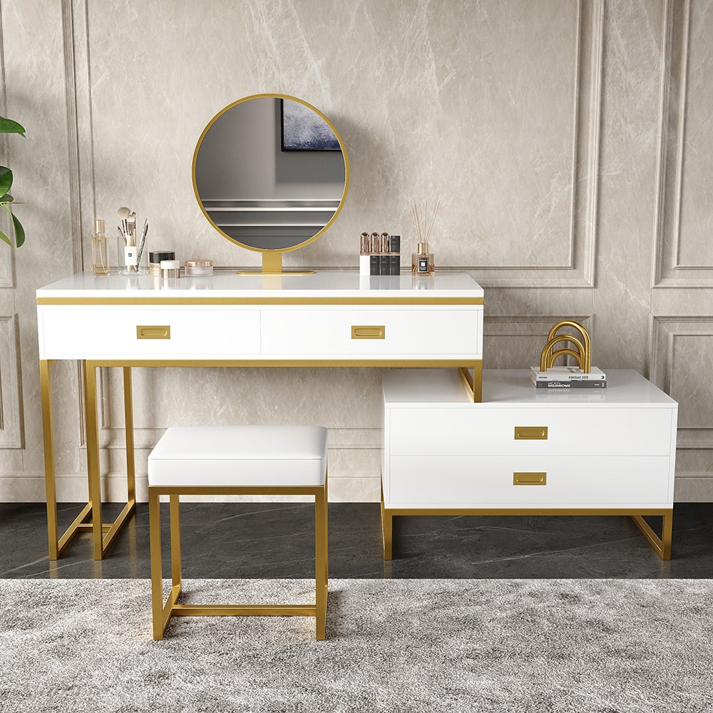 Questions et Réponses pour Coiffeuse extensible moderne blanche avec miroir et tabouret inclus