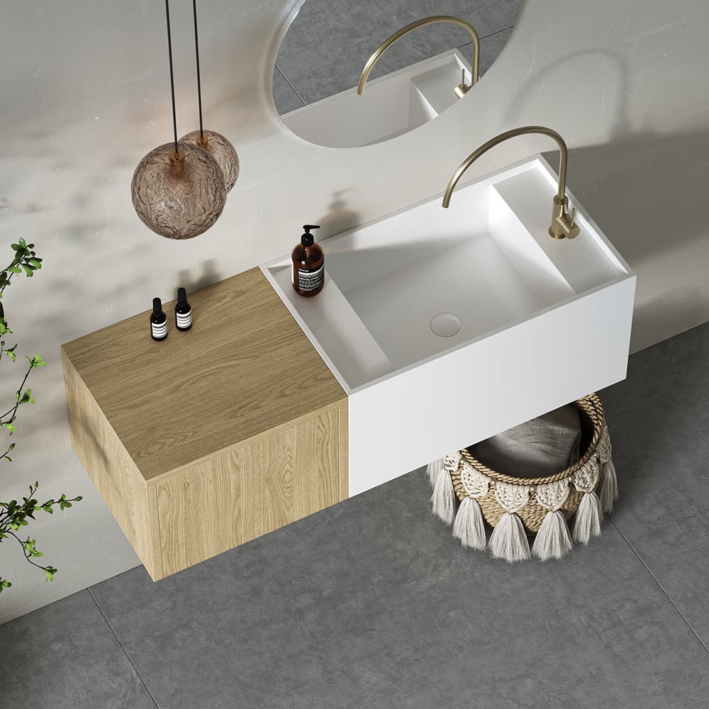 Questions and Answers for Floating Bathroom Vanity Wall-mounted Single Sink with Cabinet in Light Wood & White