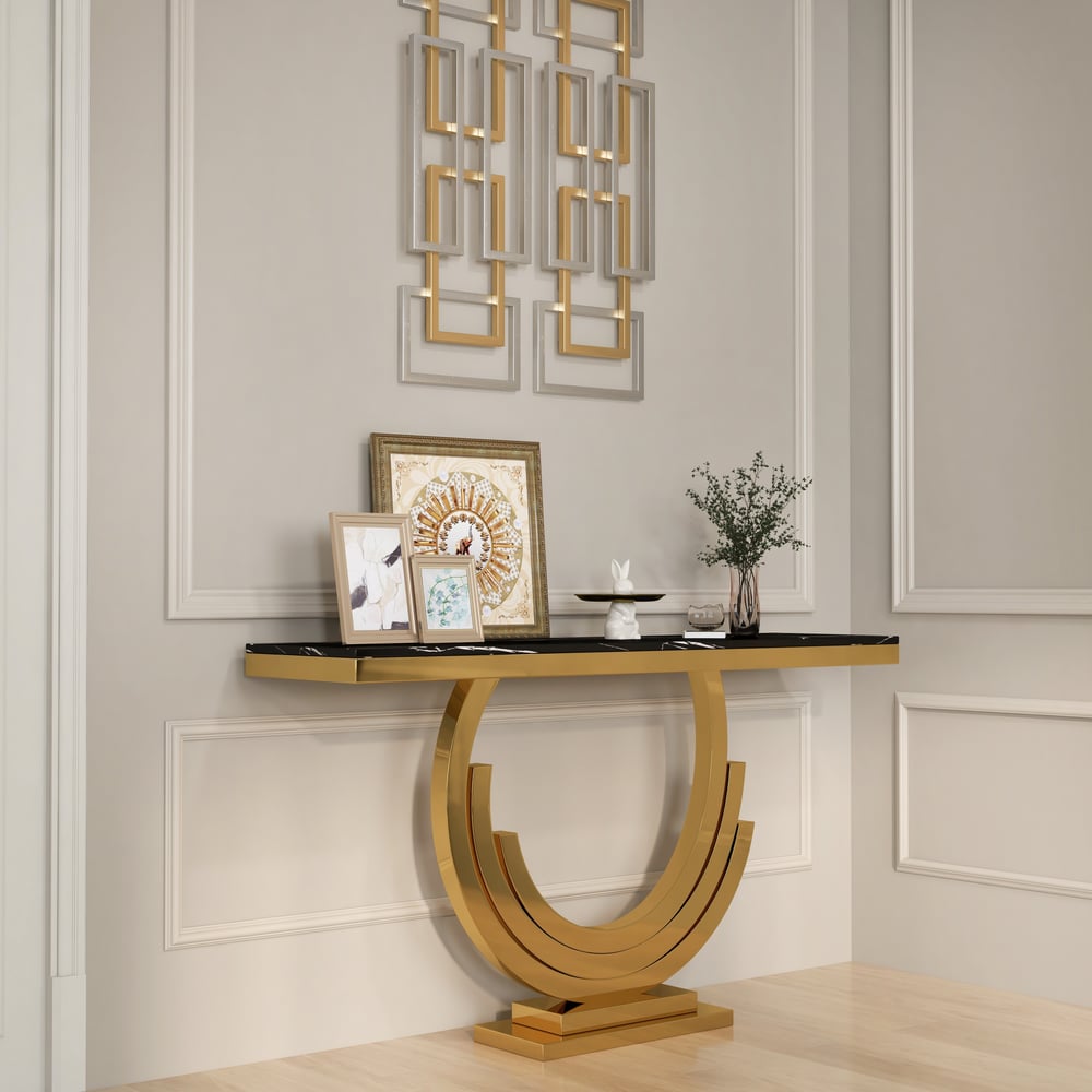 Questions et Réponses pour Table console en marbre doré et noir de 1500 mm, table d'entrée rectangulaire étroite