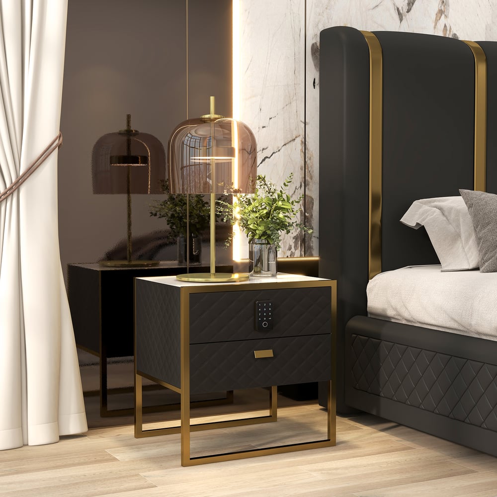 Questions and Answers for Black 2 Drawers Bedroom Nightstand with Electronic Lock Stainless Steel Base