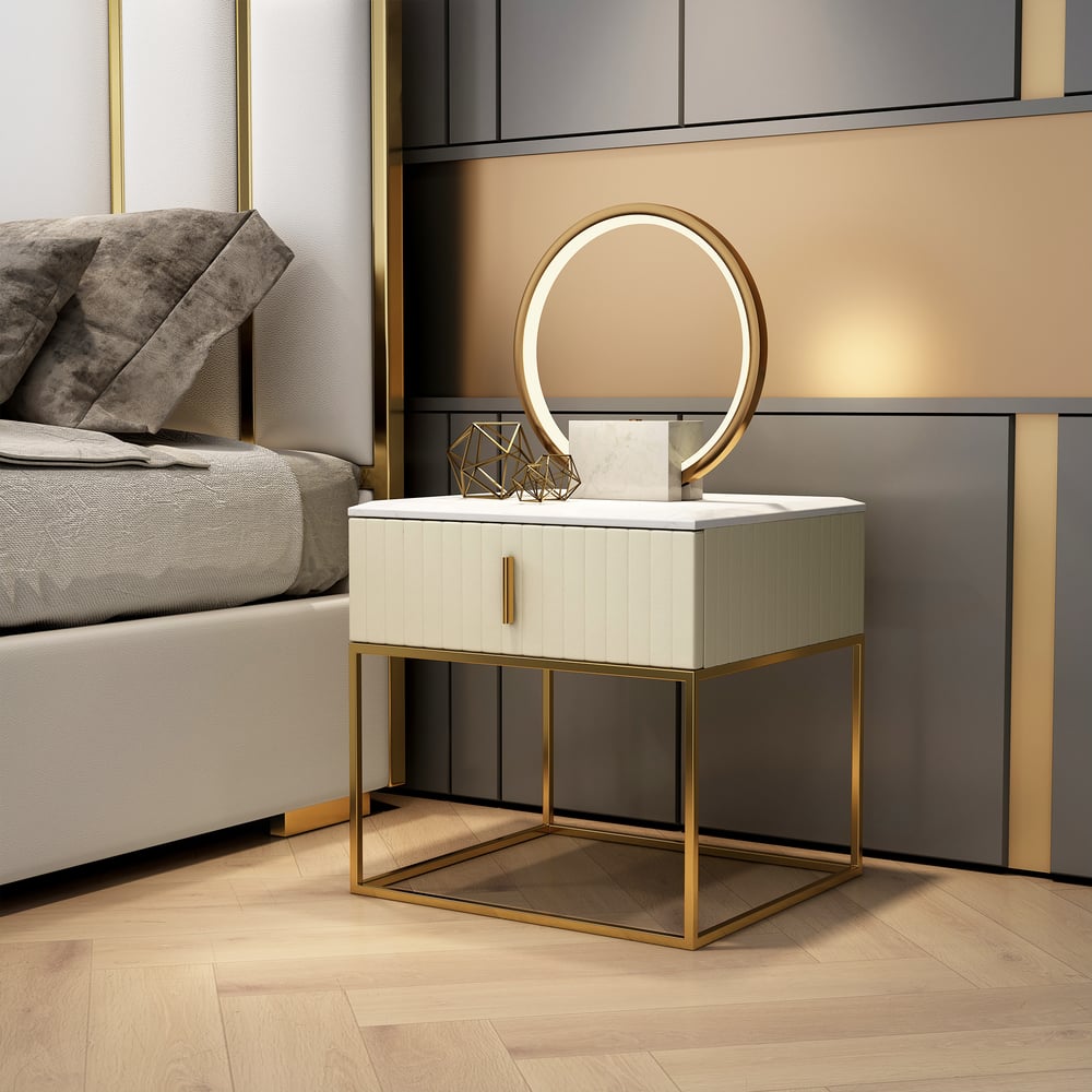 Questions and Answers for Off White Bedside Table with 1-Drawer Faux Marble Top PU Upholstery 1-Drawer 