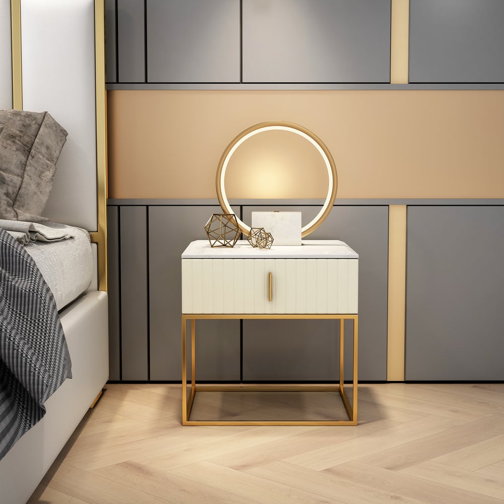 Questions and Answers for Off White Bedside Table with 1-Drawer Faux Marble Top PU Upholstery 1-Drawer 