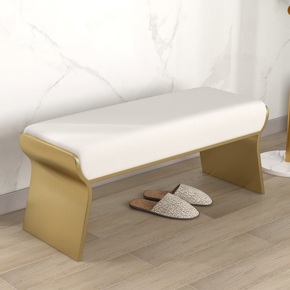 Questions et Réponses pour Banc moderne Upart en acier inoxydable beige Leath-Aire, banc long de chambre à coucher rembourré