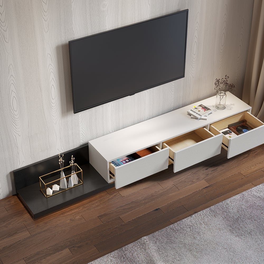 Questions et Réponses pour Meuble TV extensible rectangulaire en bois et ensemble de table basse blanche à plateau relevable avec rangement