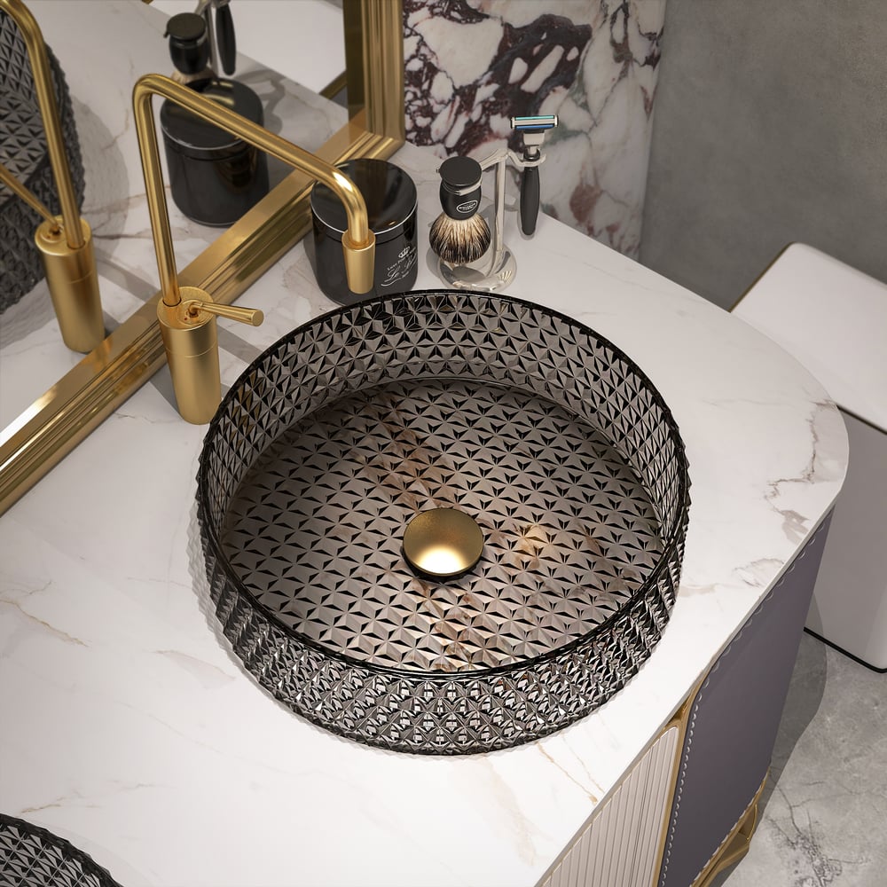 Avis Clients sur Lavabo de salle de bain en verre de cristal transparent en forme de diamant de 390 mm en noir