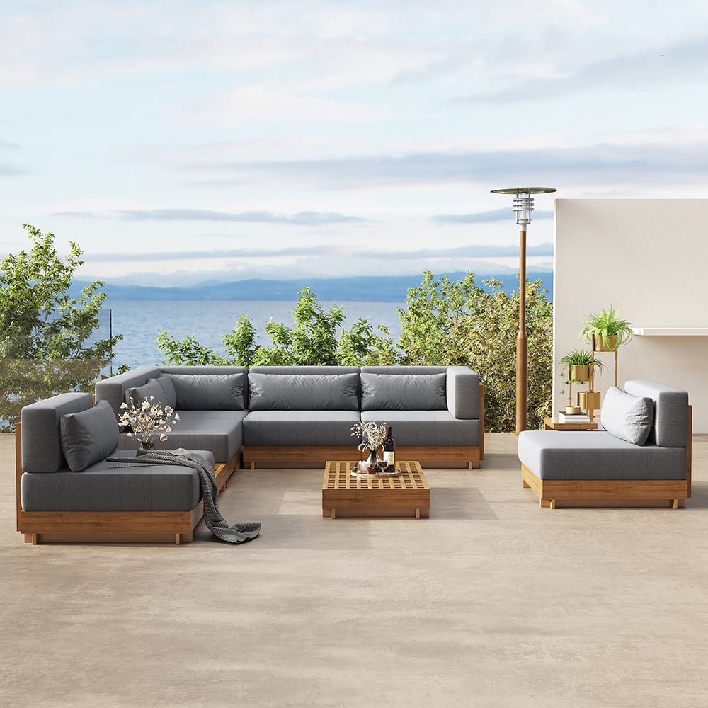 Avis Clients sur Ensemble de mobilier de jardin modulaire Grida 9 pièces en teck gris avec table basse