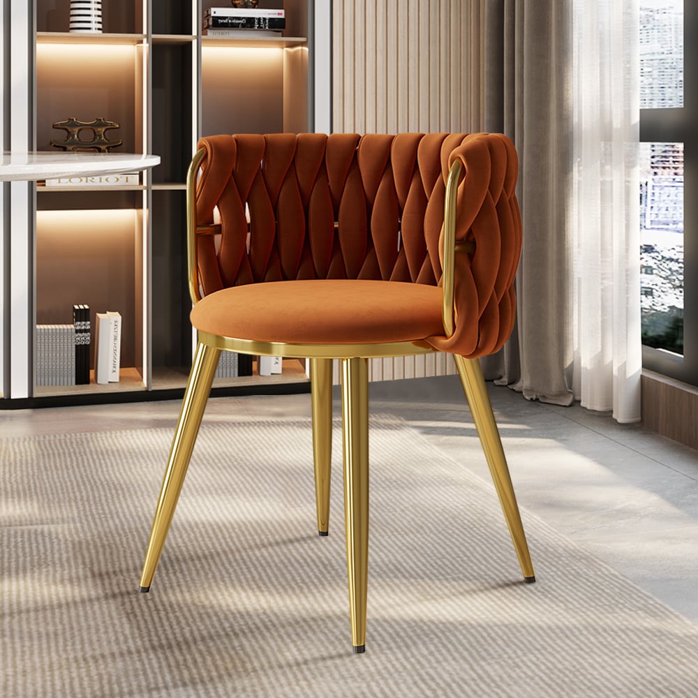 Vragen en antwoorden voor Sweave Nordic Orange Barrel Back eetkamerstoel, ronde accentstoel met fluwelen bekleding