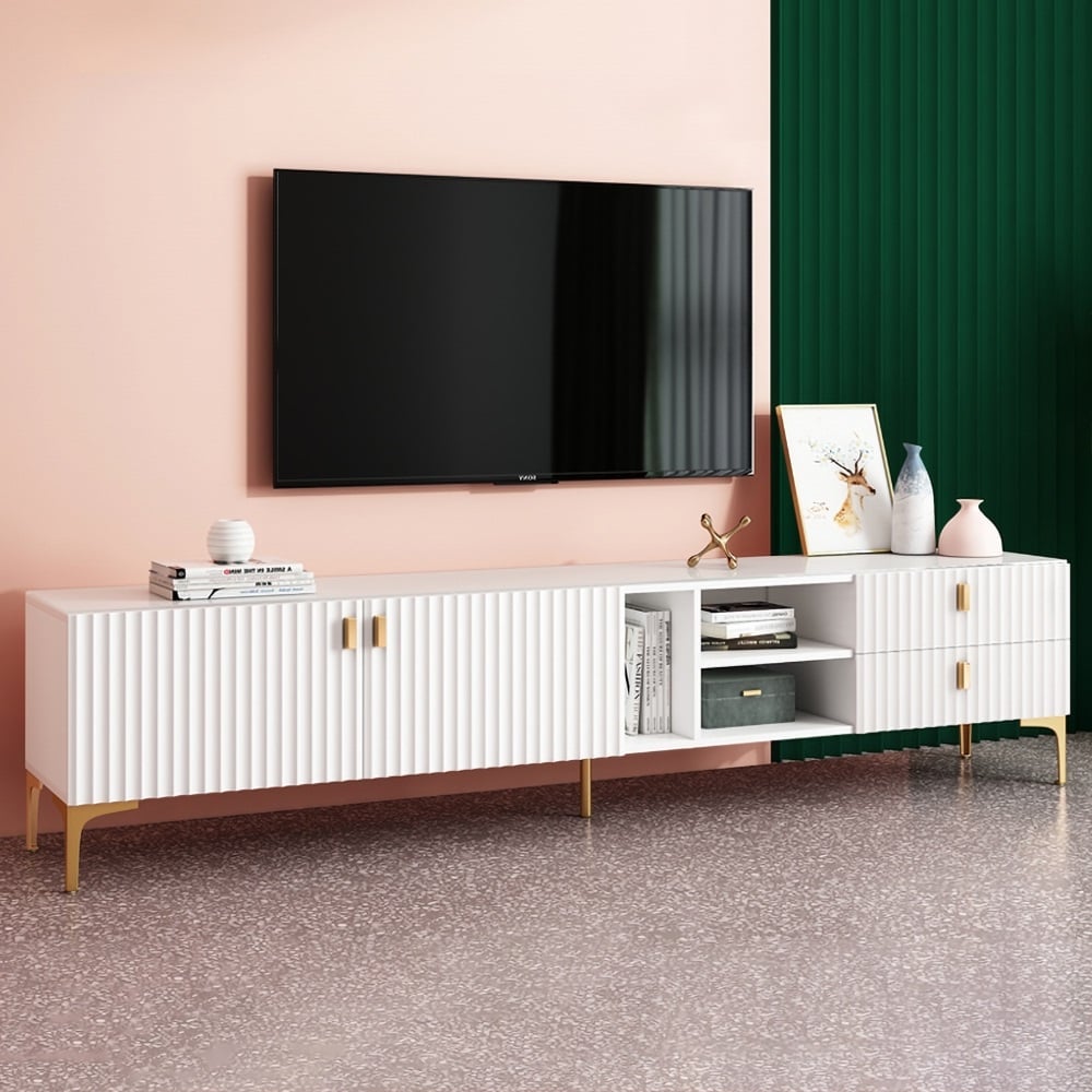 Questions and Answers for White Wood TV Stand in Gold for TVs up to 2159mm with 3 Shelves, 2 Drawers, 2 Doors