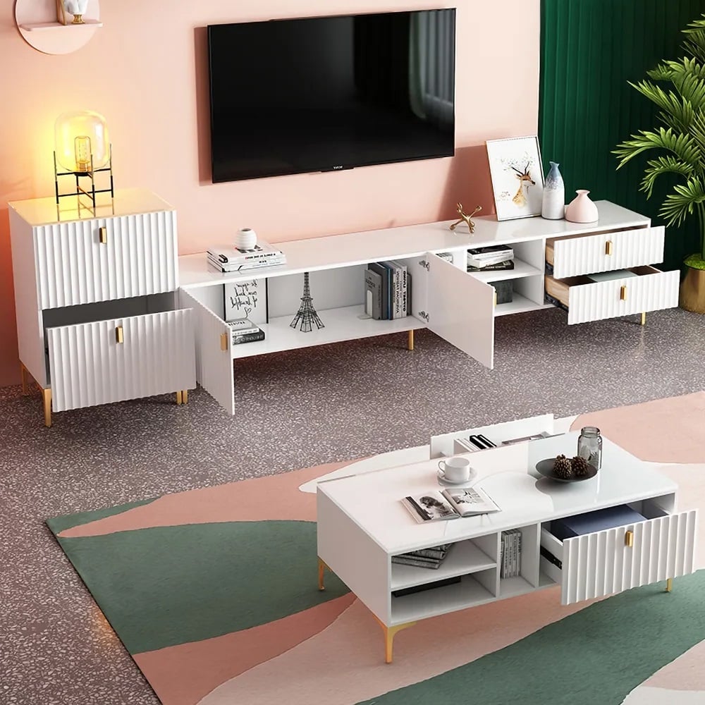 Questions and Answers for White Wood TV Stand in Gold for TVs up to 2159mm with 3 Shelves, 2 Drawers, 2 Doors