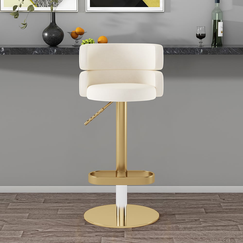 Questions and Answers for Swivel Bar Stool for Kitchen Island Curved Warm White Velvet Adjustable Height in Gold