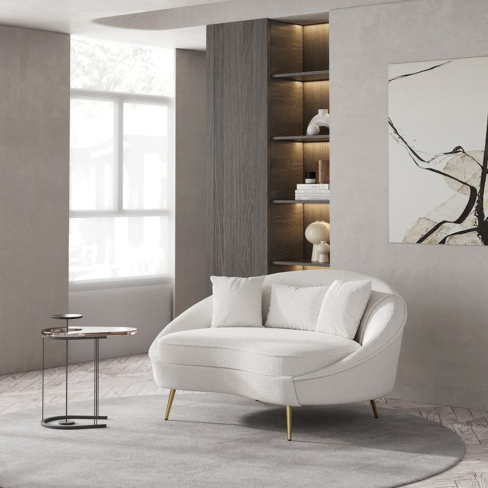 Perguntas e respostas para Sofá curco 2 plazas en bouclé con patas doradas y cojines 160 cm