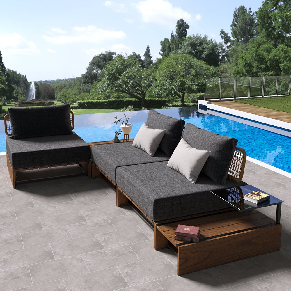 Questions and Answers for 5Pcs Teak Outdoor Sectional Sofa Set with Coffee Table and Cushion in Natural & Gray