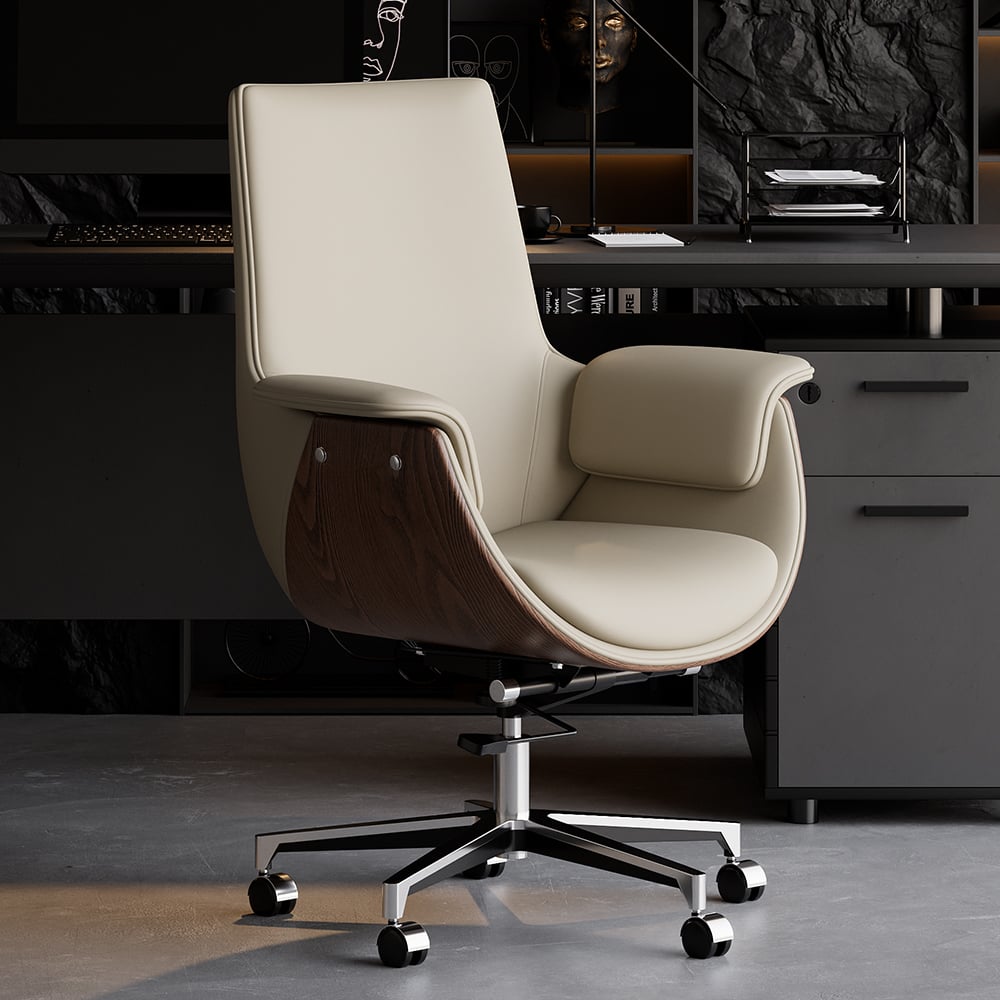 Questions and Answers for Ivory PU Leather Modern Home Office Chair Upholstered High Back Desk Chair with Wood-Grain Finish Accents