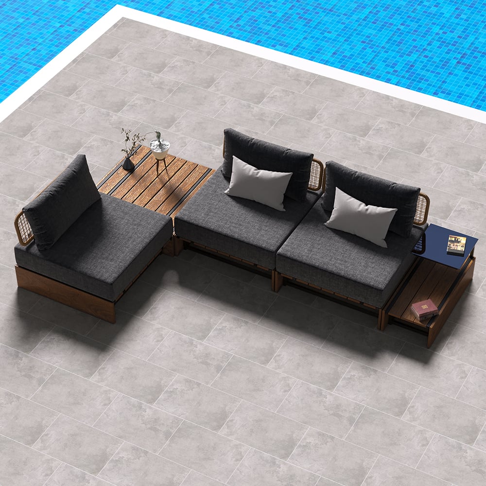 Questions and Answers for 5Pcs Teak Outdoor Sectional Sofa Set with Coffee Table and Cushion in Natural & Gray