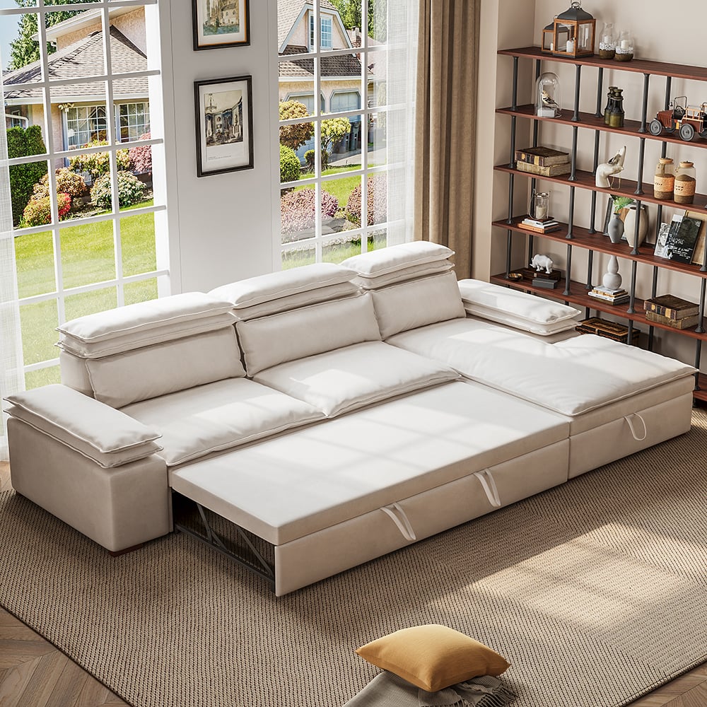 Questions and Answers for Off White Microfibres Reversible Sleeper Sectional Sofa with Chaise Pull Out Sofa Bed