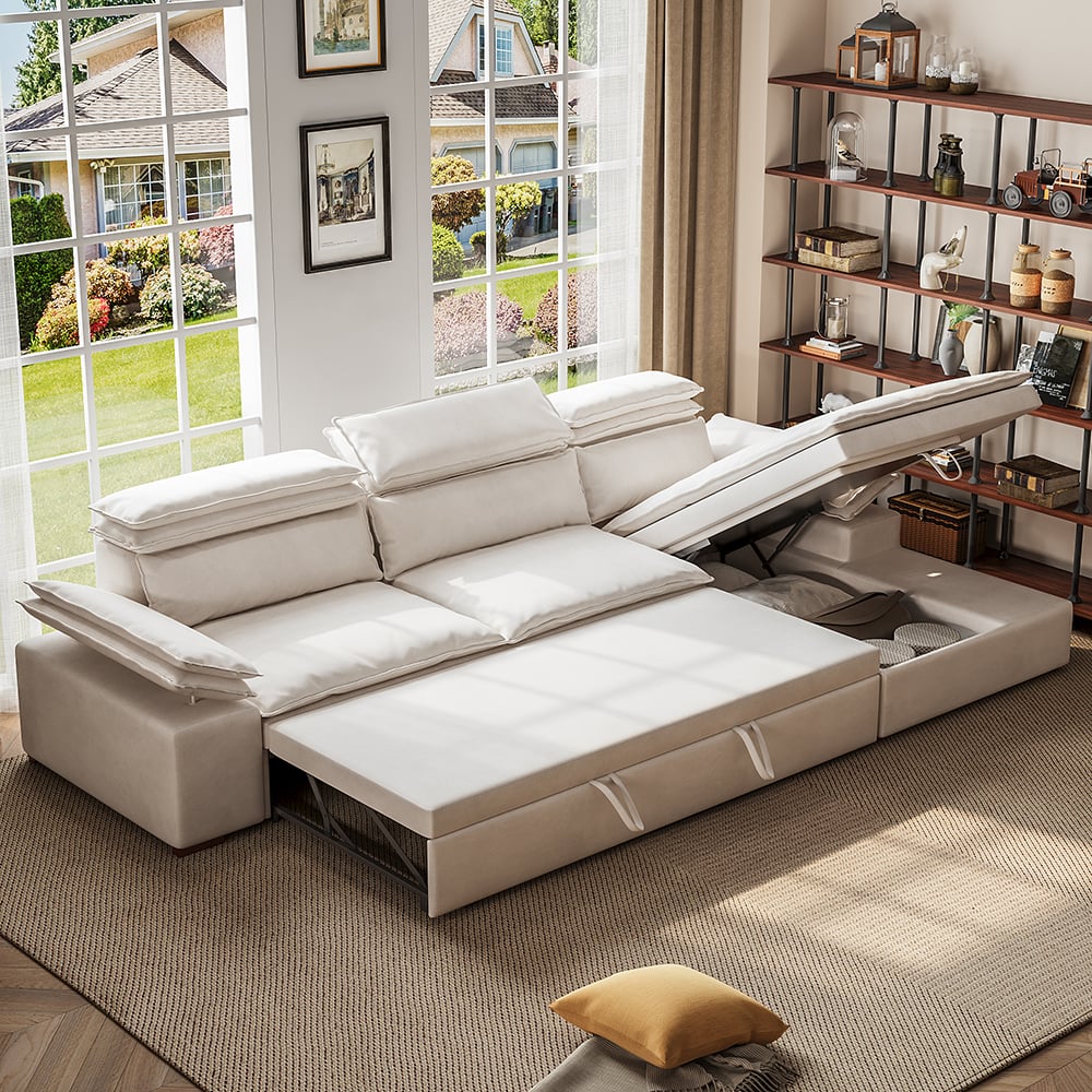 Questions and Answers for Off White Microfibres Reversible Sleeper Sectional Sofa with Chaise Pull Out Sofa Bed