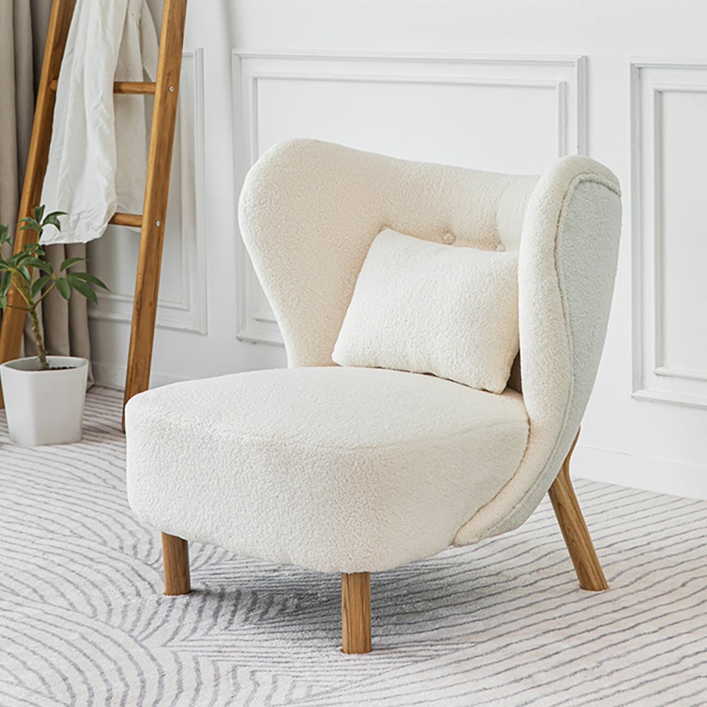 Perguntas e respostas para Cadeira de lã de cordeiro branca com acento de cadeira Wingback em moldura de madeira