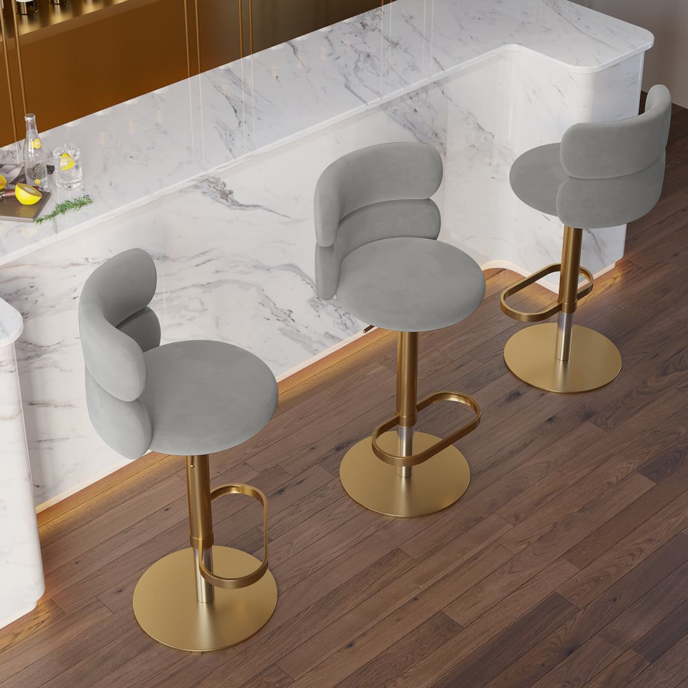 Otázky a odpovědi pro Moderní zakřivená zadní otočná barová stolička šedá samet