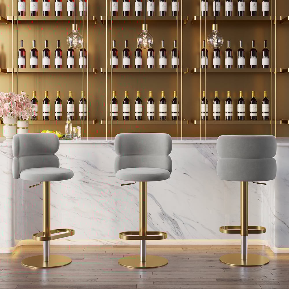 Otázky a odpovědi pro Moderní zakřivená zadní otočná barová stolička šedá samet