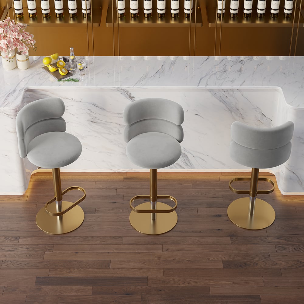 Otázky a odpovědi pro Moderní zakřivená zadní otočná barová stolička šedá samet