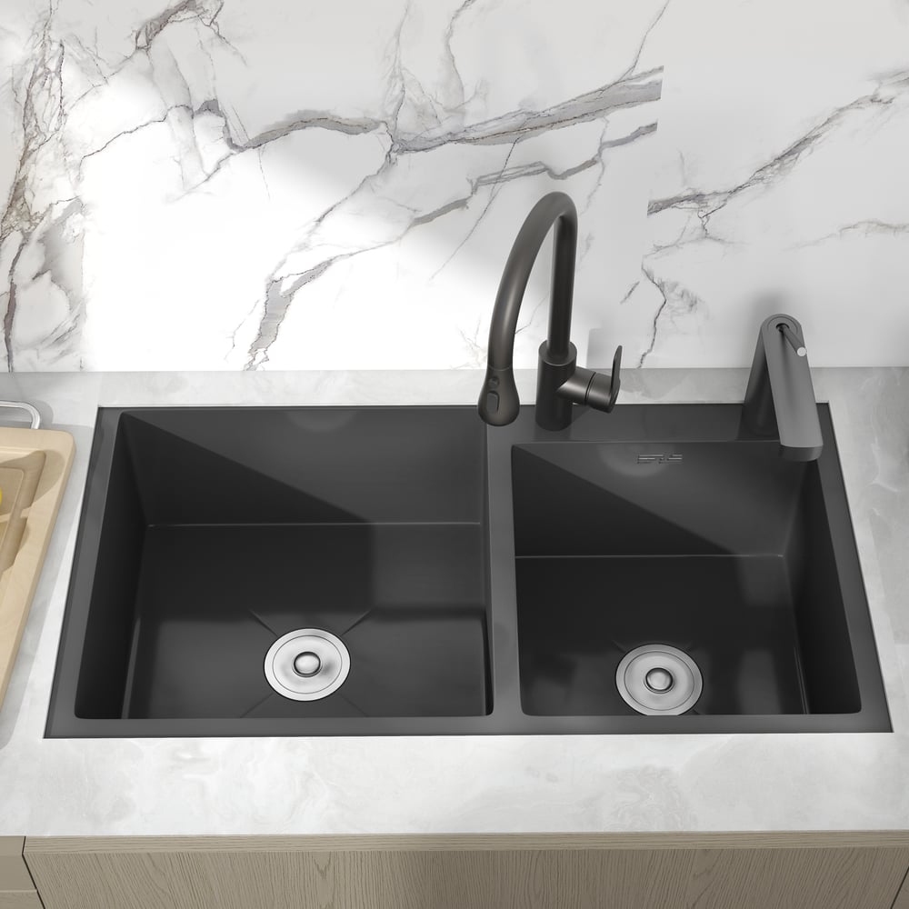 Questions and Answers for 820mm Black Stainless Steel Kitchen Sink Double Bowls Drop-In Sink with Waste