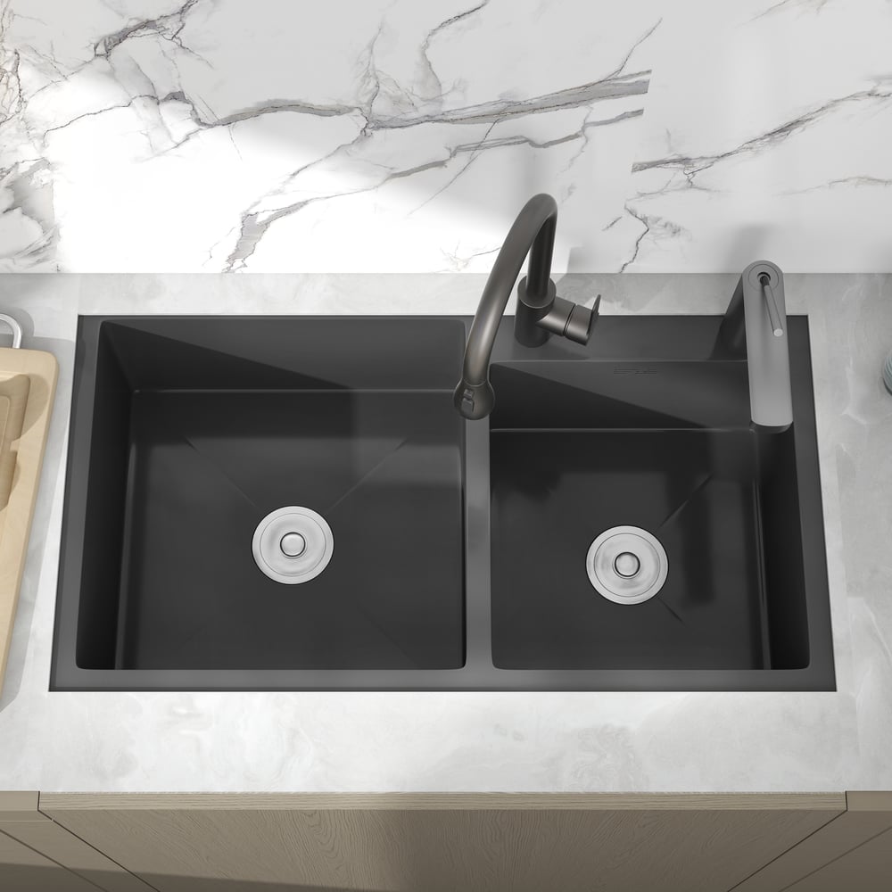 Questions and Answers for 820mm Black Stainless Steel Kitchen Sink Double Bowls Drop-In Sink with Waste
