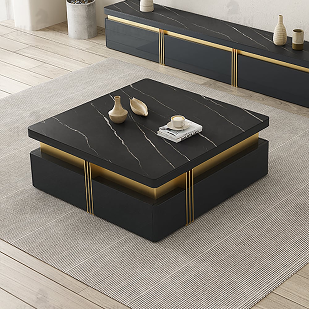 Oceny klientów dla Nowoczesny 109 cm Czarny Kwadratowy Stolik Kawowy z Miejscem do Przechowywania i Blatem ze Spiekanego Kamienia oraz 4 Szufladami