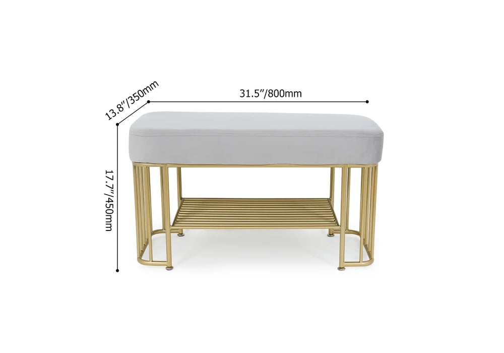 Modern Gray Entryway Bench with Shoe Storage Velvet Upholstered with Gold Frame and Shel weights dimensions image
