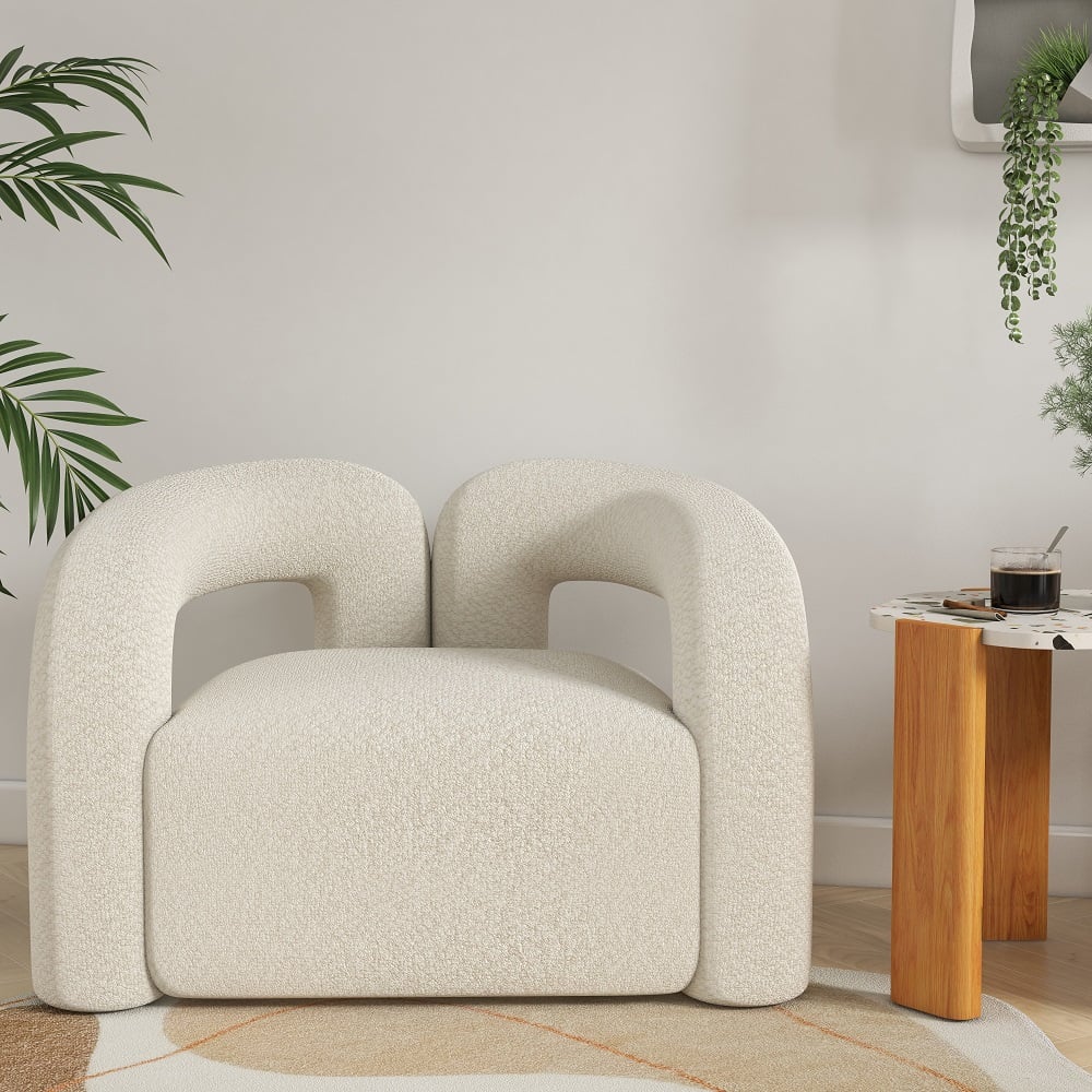 Vragen en antwoorden voor Moderne witte boucle accentstoel Shaggy fauteuil voor woonkamer