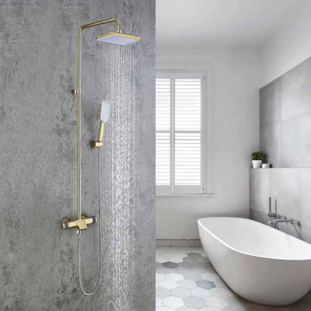 Vragen en antwoorden voor Goudkleurige douchekraan Regendouchesysteem met handdouche en baduitloop
