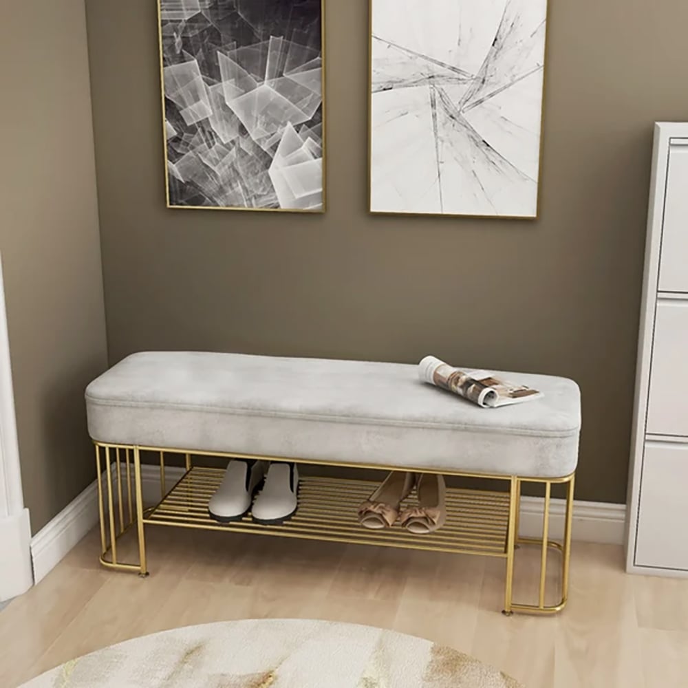 Customer Reviews for Modern Grey Hallway Bench with Shoe Storage Velvet Upholstered with Gold Frame and Shelf