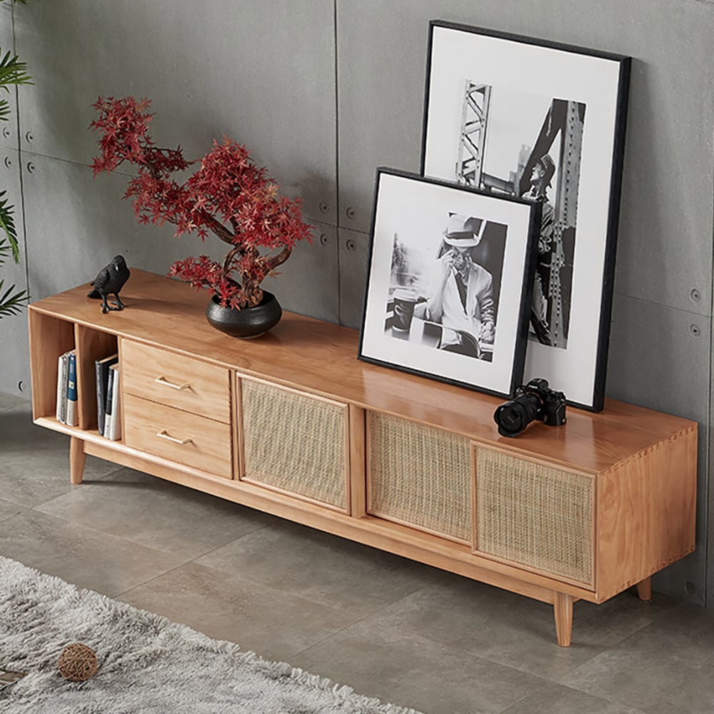 Questions et Réponses pour Meuble TV Nordic Console multimédia naturelle avec portes, tiroirs et étagère en rotin tissé en petit