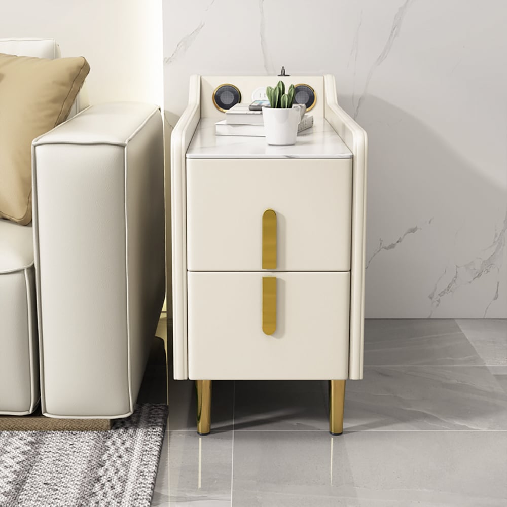 Perguntas e respostas para Mesa lateral estreita multifuncional moderna, alto-falante de mesa sinterizada de pedra sinterizada e porta USB