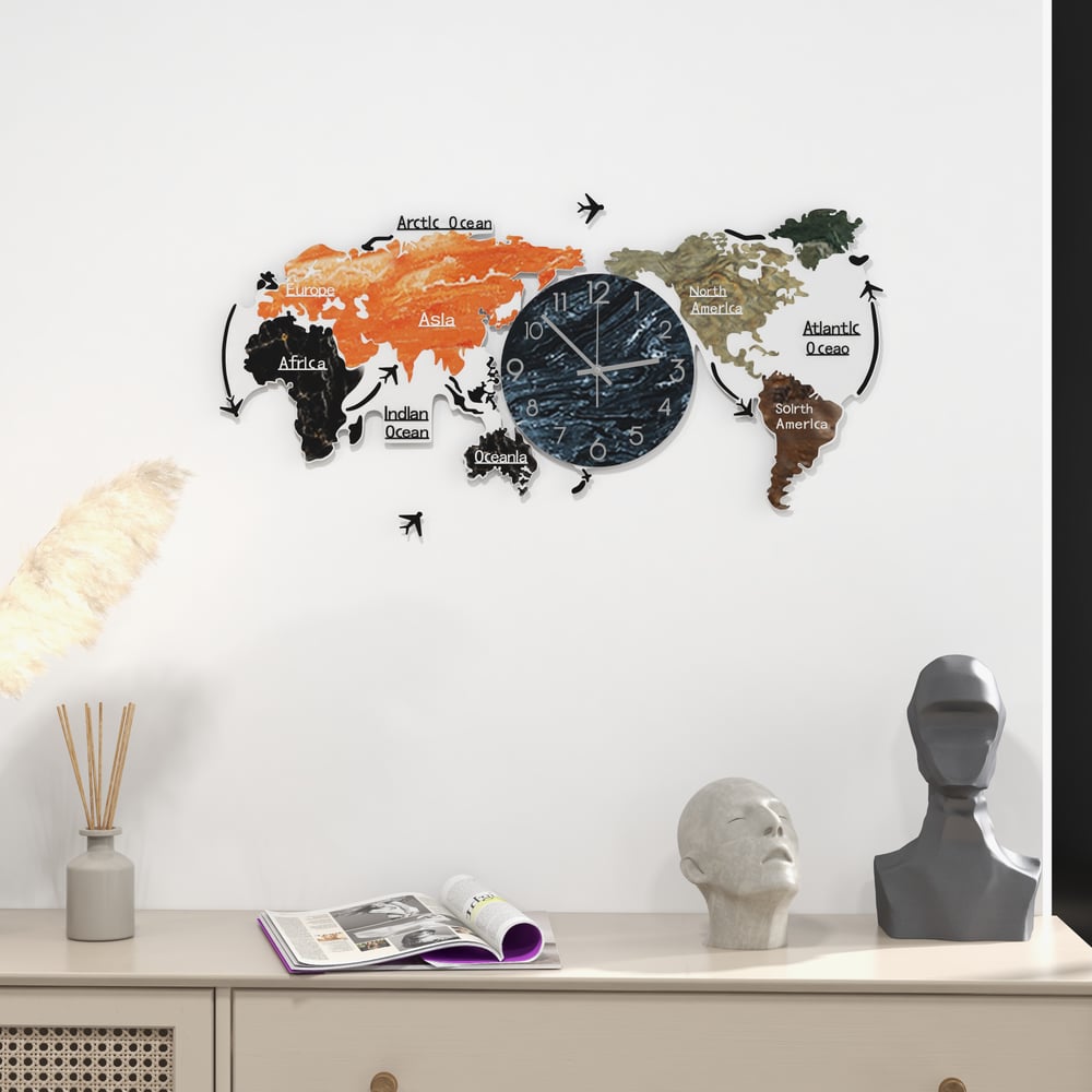 Domande e risposte per Orologio da parete moderno 29,1 x 33,4 pollici con mappa del mondo in acrilico e vetro, decorazione per la casa, arte, soggiorno