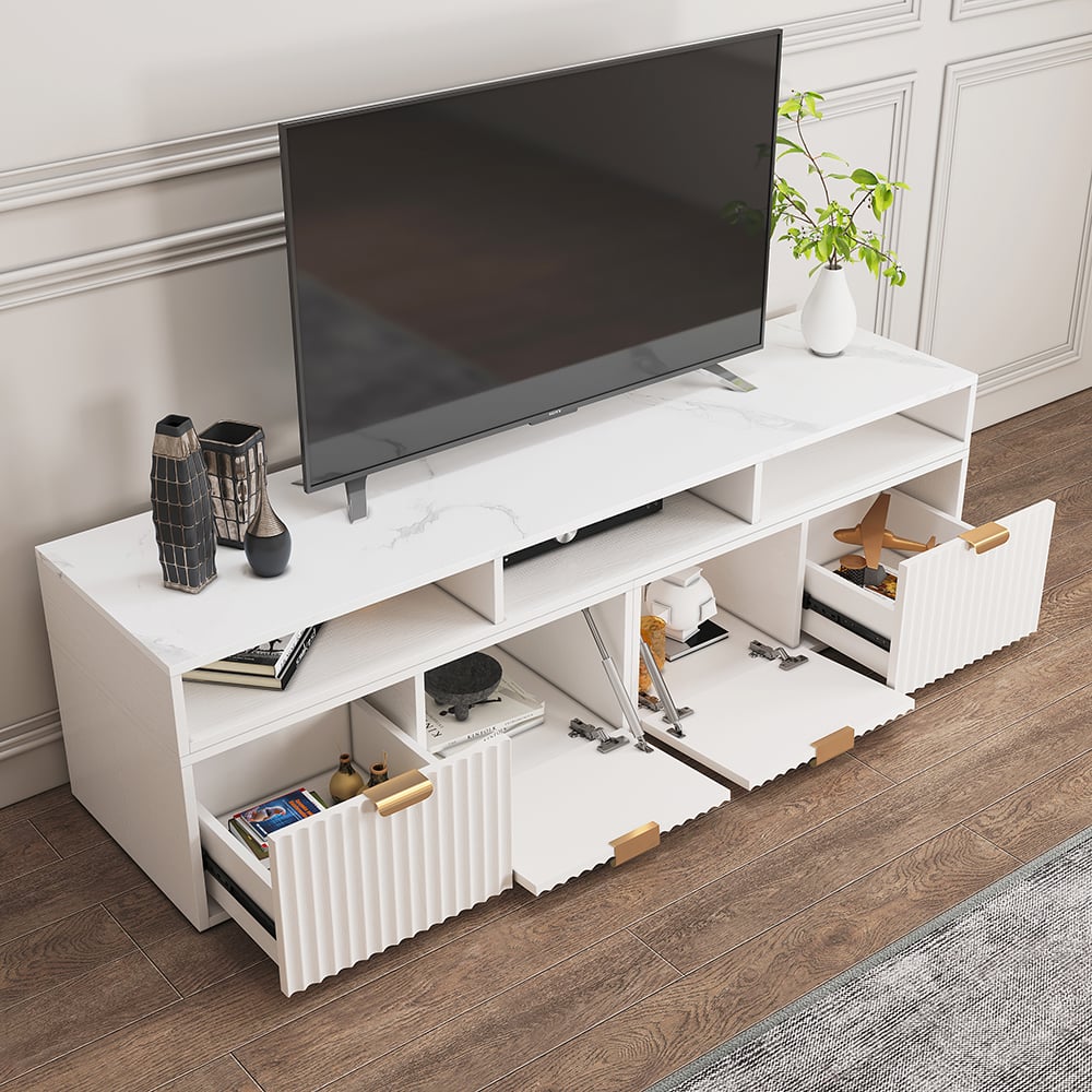 Questions and Answers for 1440mm TV Stand White Corner Media Console Fluted with 2 Drawers & 5 Shelves