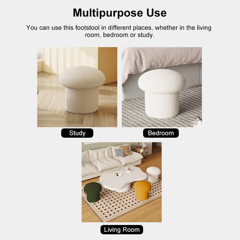 Modern White Boucle Mushroom Ottoman Upholstered Pouf Novelty Footstool Cute Footrest window image