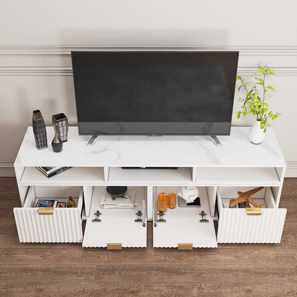 Questions and Answers for 1440mm TV Stand White Corner Media Console Fluted with 2 Drawers & 5 Shelves
