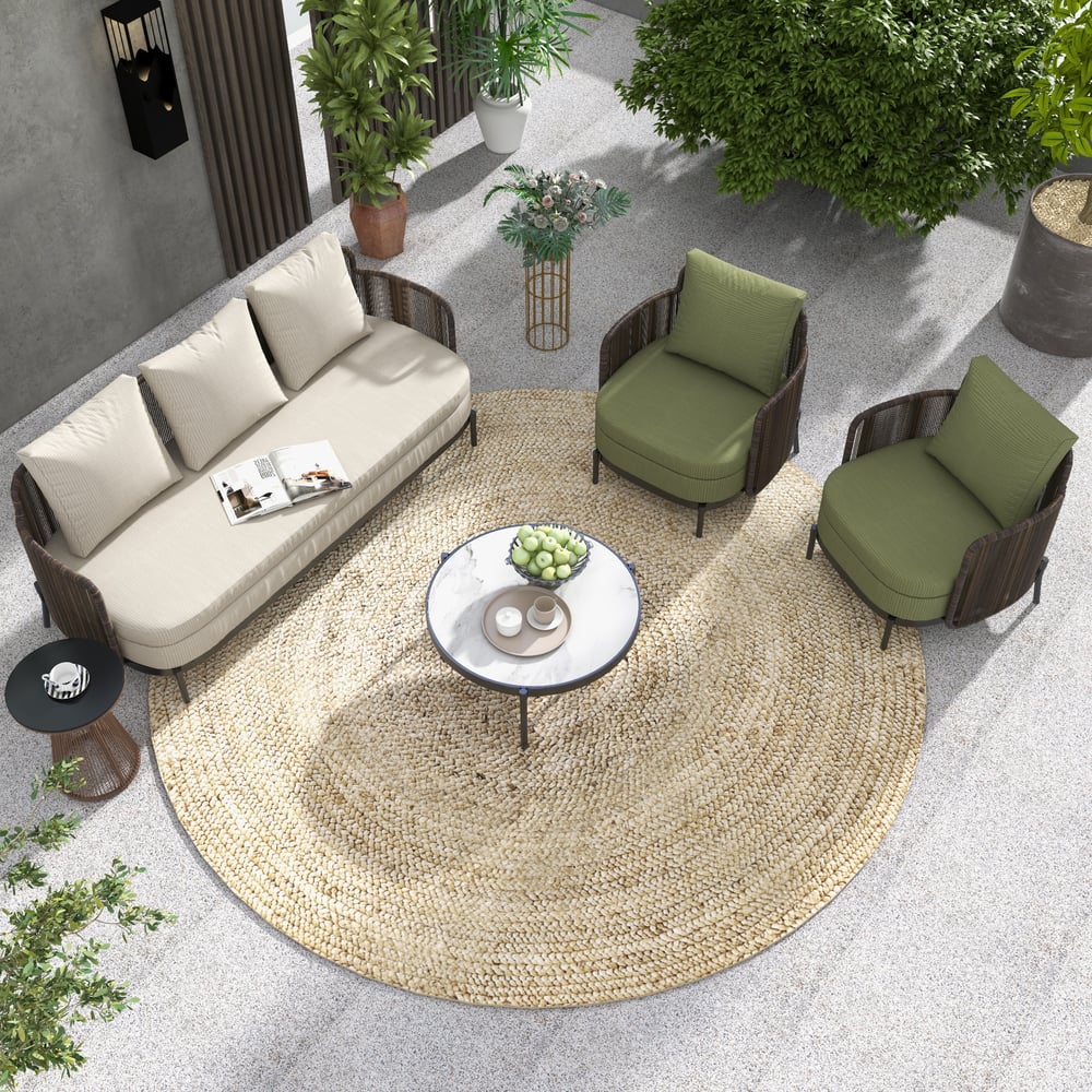 Avaliações de clientes sobre Conjunto de sofá externo de alumínio e vime de 4 peças com tampo de mármore sintético, almofada de mesa de café