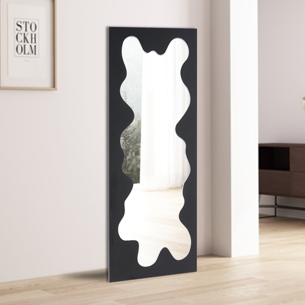Questions et Réponses pour Miroir de sol abstrait moderne surdimensionné sur toute la longueur 1600 mm x 600 mm, art décoratif en noir