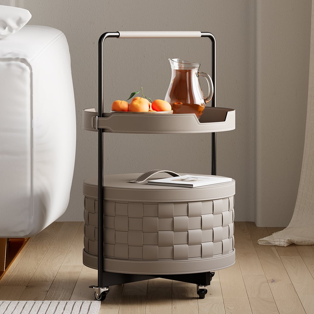 Pytania i odpowiedzi dla Nowoczesny 2-poziomowy stolik końcowy z kołem i tacą, tkany skórzany stolik boczny ze schowkiem