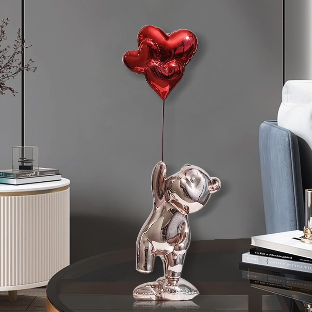 Questions and Answers for 17.3" Cute Pink Standing Bear Statue Sculpture Ornament Decor with Red Heart Balloons