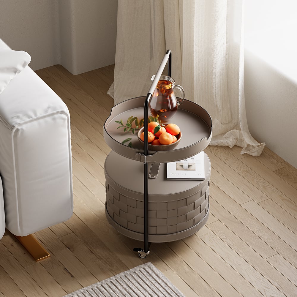 Pytania i odpowiedzi dla Nowoczesny 2-poziomowy stolik końcowy z kołem i tacą, tkany skórzany stolik boczny ze schowkiem