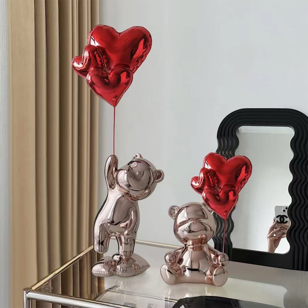 Questions and Answers for 17.3" Cute Pink Standing Bear Statue Sculpture Ornament Decor with Red Heart Balloons