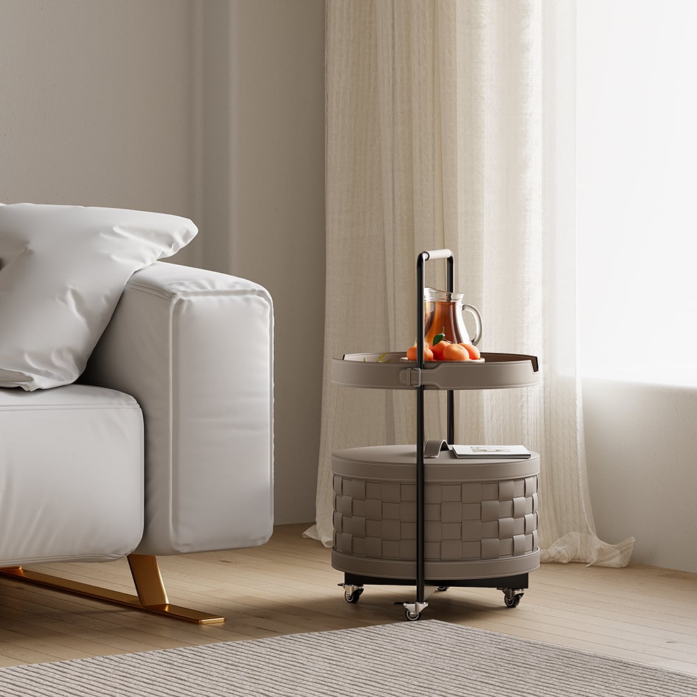 Pytania i odpowiedzi dla Nowoczesny 2-poziomowy stolik końcowy z kołem i tacą, tkany skórzany stolik boczny ze schowkiem