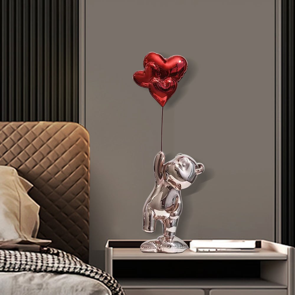 Questions and Answers for 17.3" Cute Pink Standing Bear Statue Sculpture Ornament Decor with Red Heart Balloons