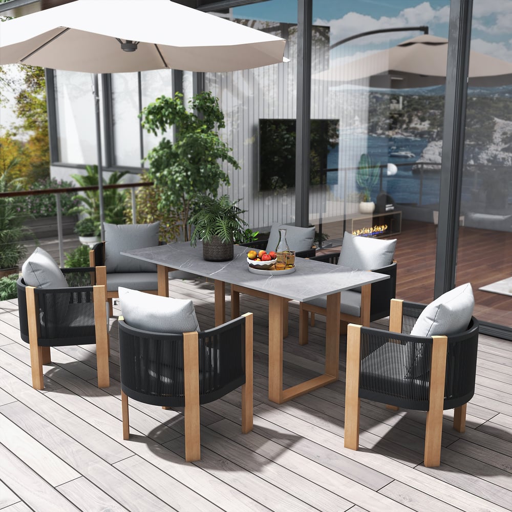 Questions and Answers for 7 Pieces Modern Outdoor Dining Set with Rectangle Table and Woven Rope Chair in Grey