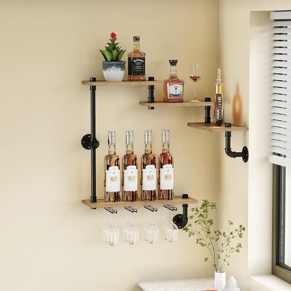 Fragen und Antworten zu Industrielles Weinregal zur Wandmontage aus Holz und Metall mit Stielglashalter