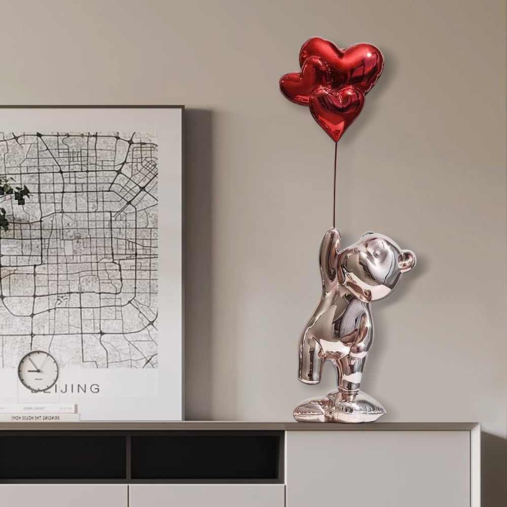Questions and Answers for 17.3" Cute Pink Standing Bear Statue Sculpture Ornament Decor with Red Heart Balloons