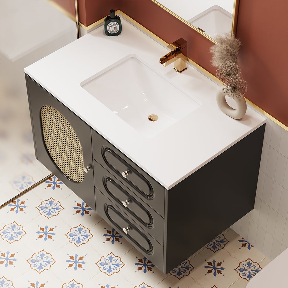 Customer Reviews for 800mm Black Floating Bathroom Vanity Undermount Ceramic Sink with Rattan Door Cabinet